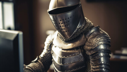 Medieval knight suit of armor, steel sword, and shield generated by AI