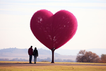 Couple in love stands under a heart-shaped tree in nature in autumn