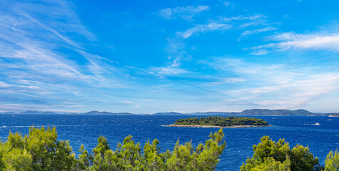 Adriatic Sea of Croatia. Aerial view of cozy mediterranean island. - obrazy, fototapety, plakaty