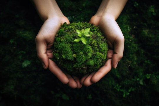 Green moss earth on human hands, nature and environment Generative Ai