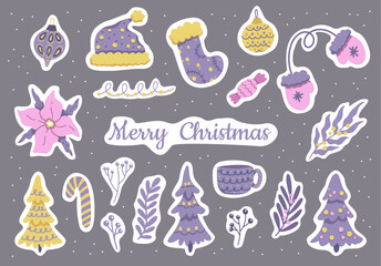Vector Christmas stickers collection. Hand drawn winter holiday stickers clipart with Christmas trees, leaves, new year decor, sock, gloves, poinsettia, candy, winter hat. Purple and pink palette.