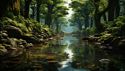 Tranquil scene of a tropical rainforest, with flowing water and lush green foliage generated by AI