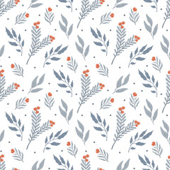 Winter floral pattern with leaves and berries on white background