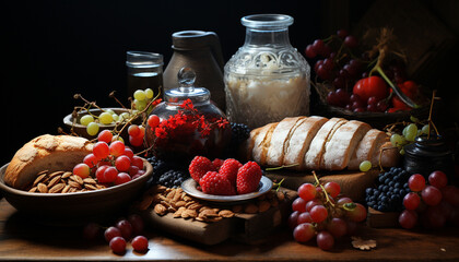 Fototapeta na wymiar Freshness and sweetness on a rustic table, a berry feast awaits generated by AI