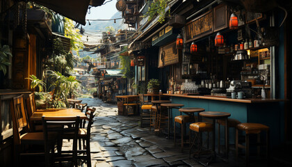 Fototapeta na wymiar Wooden bar stool in a rustic coffee shop, city life illuminated generated by AI
