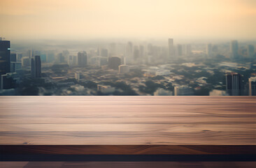 a wooden board in a conference room while looking out into a city ai generative