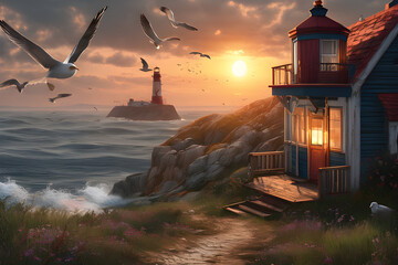Illustration depicting the sea, seagulls, lighthouse, ship, sun, cabin, and low mountains. Generation AI