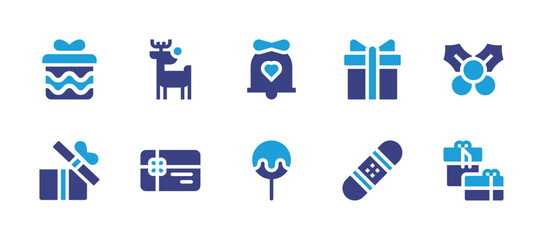 Christmas icon set. Duotone color. Vector illustration. Containing gift box, reindeer, wedding bells, mistletoe, gift card, lollipop, snowboard, gift.
