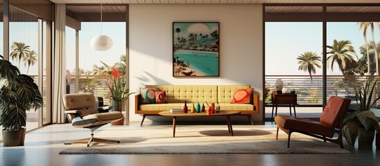 Chic Australian lounge with terrace view With copyspace for text