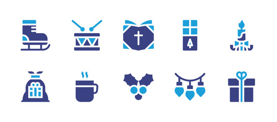 Christmas icon set. Duotone color. Vector illustration. Containing drums, ice skate, chocolate bar, christmas candle, bible, cocoa, sack, garland, gift, mistletoe.