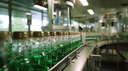 Glass bottles filled with clear liquid move seamlessly along an automatic conveyor line