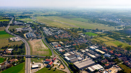Aerial view of Reggio Emilia airport, Italy. The area is also known as Campo Volo and has hosted major events and concerts.