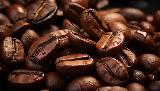 Dark, aromatic coffee beans create a gourmet drink with freshness generated by AI