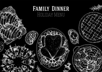 Thanksgiving food. Family dinner. Holiday menu. Food design template. Engraved style background. Food and drink set. Hand drawn sketch, design template.