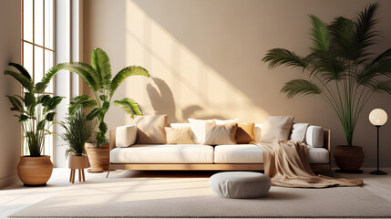 Beautiful sunny living room with a stylish sofa, table and plants in beige tones. Generative AI.
