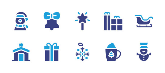 Fototapeta na wymiar Christmas icon set. Duotone color. Vector illustration. Containing christmas bell, penguin, gift, manger, present, chocolate, sleigh, snowman, light stick, snowflake.