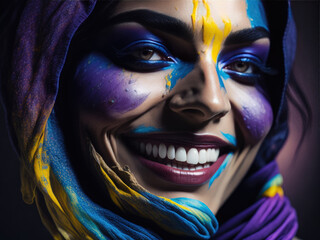 Cute Indian woman in colorful dust, paint. Hindi celebration concept, middle eastern tradition and culture. Generative Ai, Ai.