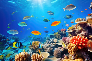 Fototapeta na wymiar Underwater with colorful sea life fishes and plant at seabed background, Colorful Coral reef landscape in the deep of ocean. Marine life concept, Underwater world scene.
