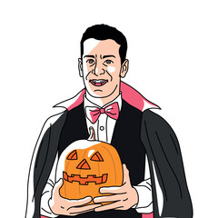 SCARY DRACULA IS HOLDING A PUMPKIN FLAT DESIGN VECTOR