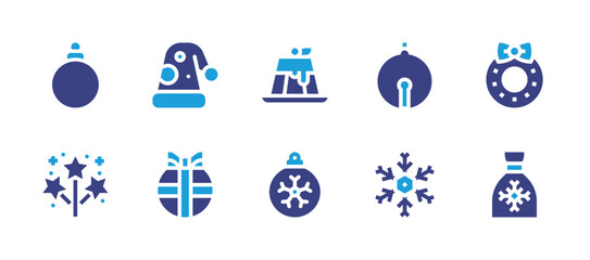 Christmas icon set. Duotone color. Vector illustration. Containing wreath, pudding, christmas, bauble, santa hat, christmas ball, firework, sleigh bell, snowflake.