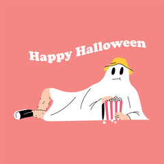FUNNY HALLOWEEN GHOST COSTUME IS EATING POPCORN