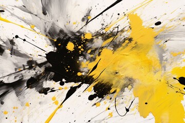 Black and yellow paint splatter on white with abstract brush strokes, airbrush painting, modern European ink painting. Generative AI