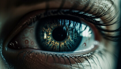 Fototapeta premium Blue eyed woman close up portrait, staring at camera with shiny iris generated by AI