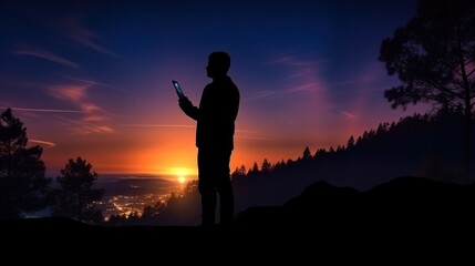 Silhouette of person stand and feel happy on use phone the most hight of technology communication. background sunrise, advertisement, alone, dark