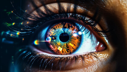 Blue eyed young woman staring at camera in futuristic close up portrait generated by AI