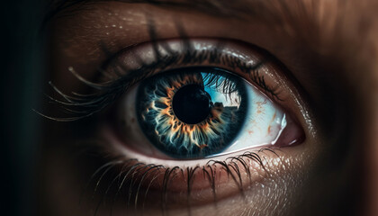 Naklejka premium Blue eyed woman staring at camera, close up of iris generated by AI
