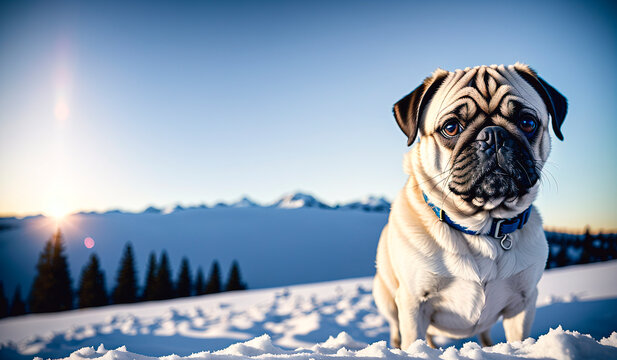 Pug dog in winter forest. Portrait of a purebred dog.