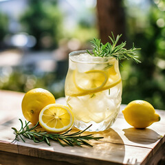 Glass of lemonade with rosemary and lemon on wooden table outdoors