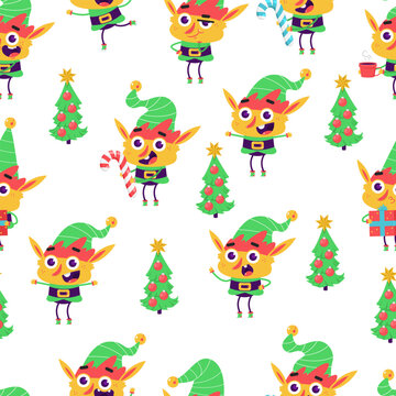 Cute Christmas elf vector cartoon seamless pattern background for wallpaper, wrapping, packing, and backdrop.