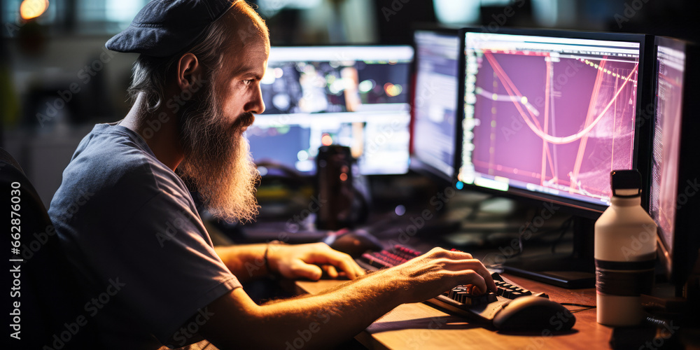 Poster focused computer programmer in the zone: crafting new software