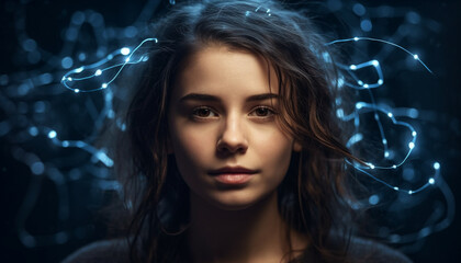 Young adult woman with brown hair looking at camera, glowing beauty generated by AI