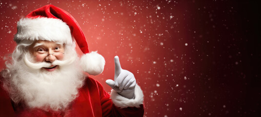 Beautiful Santa Claus shows his finger up on a burgundy background with snowflakes, panorama with place for your text