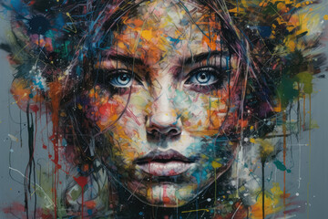 The face of a beautiful woman painted with flowing colors, capturing the essence of fluidity, expression, and artistic beauty.. Generative Ai, Ai.