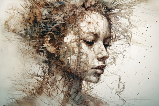 An abstract representation of a woman's face crafted from paper pieces and discarded materials, showcasing the beauty of recycling and transforming waste into art.. Generative Ai, Ai.