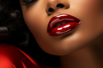 Close-up beautiful womans plump sexy lips with red lipstick