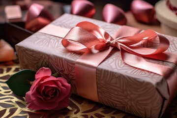 Fototapeta na wymiar Romantic Valentine's Day Gift with Pink Rose, Pink Ribbon