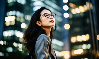 Young Asian Businesswoman Looking Up, Confidence Against Corporate Skyscrapers