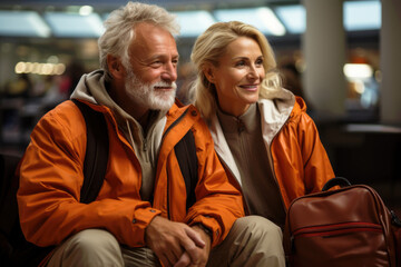 Happy elderly couple awaits their flight at the airport