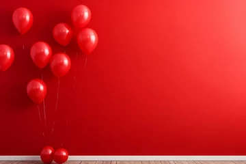 Rolgordijnen Red balloons near red wall with copy space. Valentines day banner design © Darya Lavinskaya