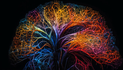 Abstract multi colored chaos flows through human nerve cells generated by AI