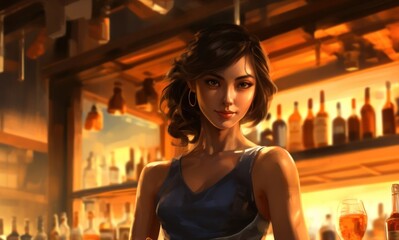 Asian Woman Illustration Bartender Job Attractive Setting Generative AI - obrazy, fototapety, plakaty