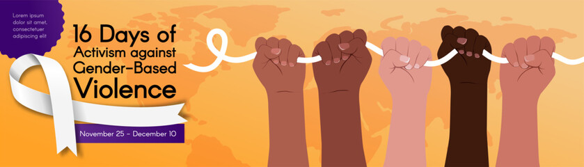 Long horizontal Banner for 16 Days of Activism against Gender-Based Violence. Diverse hands hold a white ribbon. Modern flat vector illustration