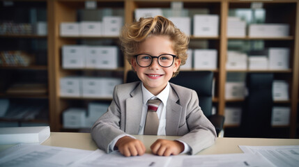Little boy portrays a businessman in a suit in the background of his office. Concept of children in adult professions.