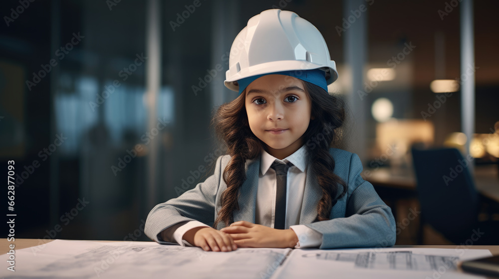 Poster portrait of a little girl looking like an engineer or architect wearing a helmet with blueprints on 