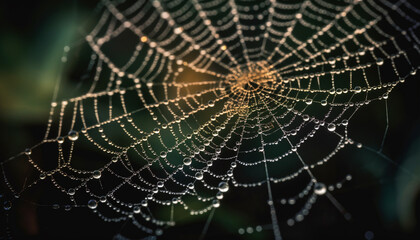 Obraz premium Spider spins intricate web, dew drops glisten in nature beauty generated by AI
