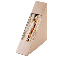 Sandwich with chicken in a cardboard box isolated on a white background.